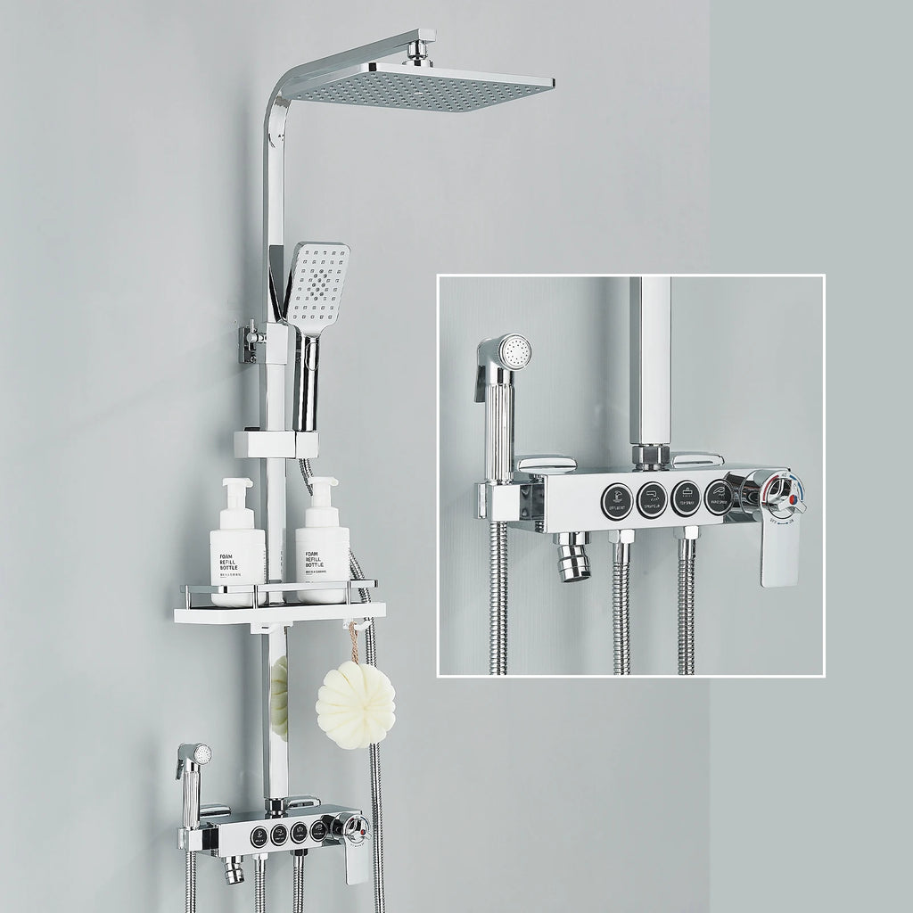 Black Gold Rainfall Shower Faucet Set Brass 4-Ways Liftable Shower Hot Cold Mixed Water Bathtub Mixer System Shower Crane