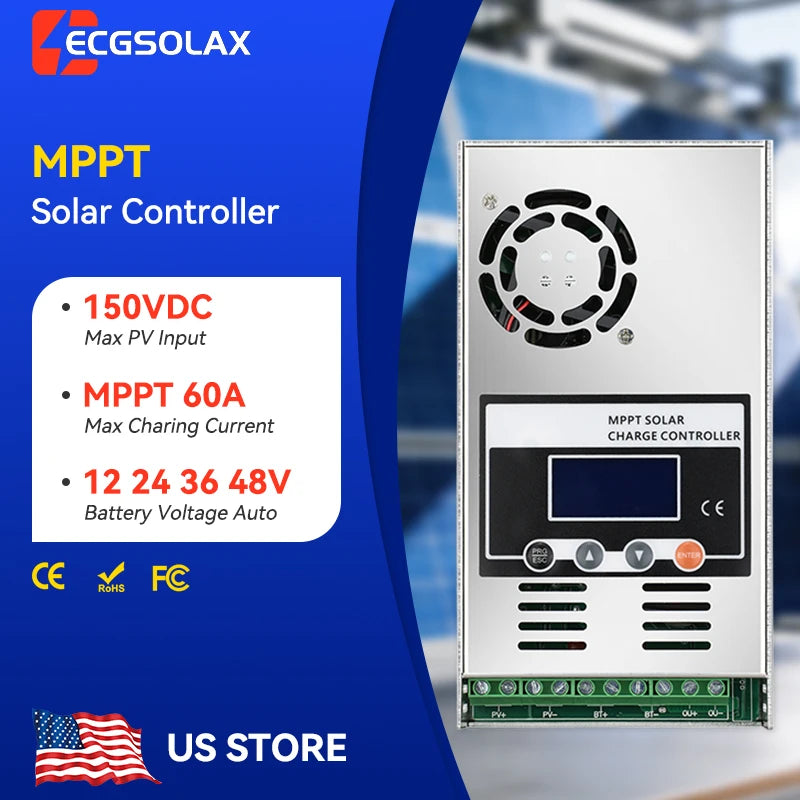 ECGSOLAX 60A MPPT Solar Charge Controller 12V 24V 36V 48V Battery Max PV 150VDC Solar Panel Regulator Support Lithium Battery