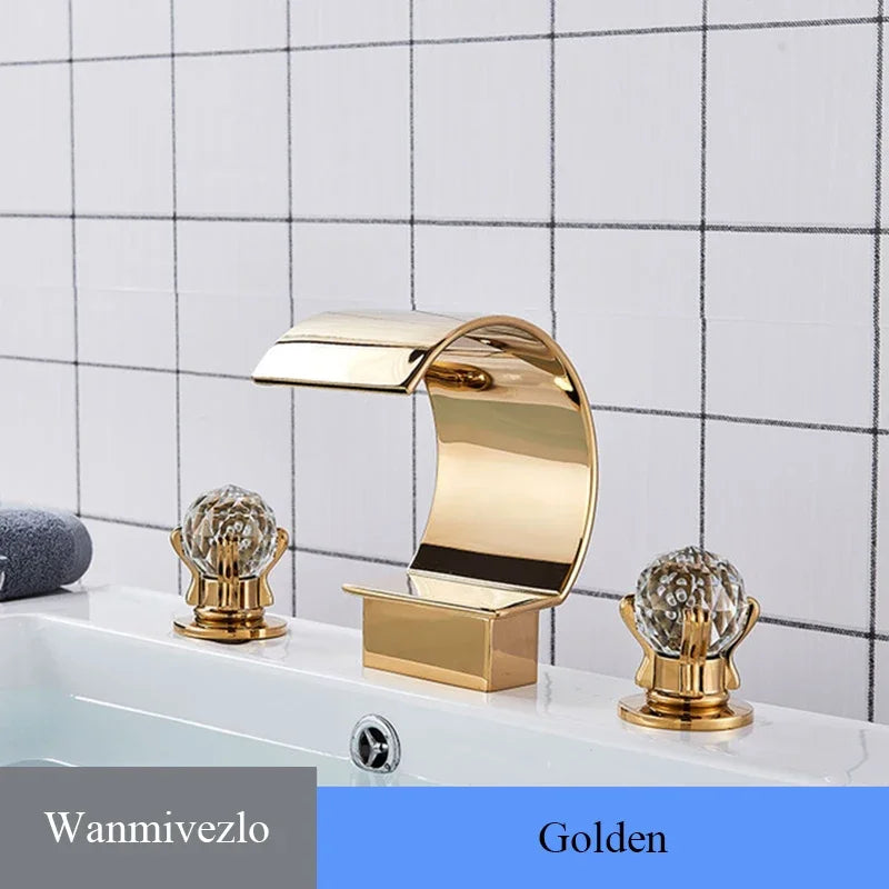 Golden Basin Faucet Deck Mount Widespread Brass Bathroom Basin Mixer Tap Dual Handle Cold and Hot Water Crane Vessel Sink Taps