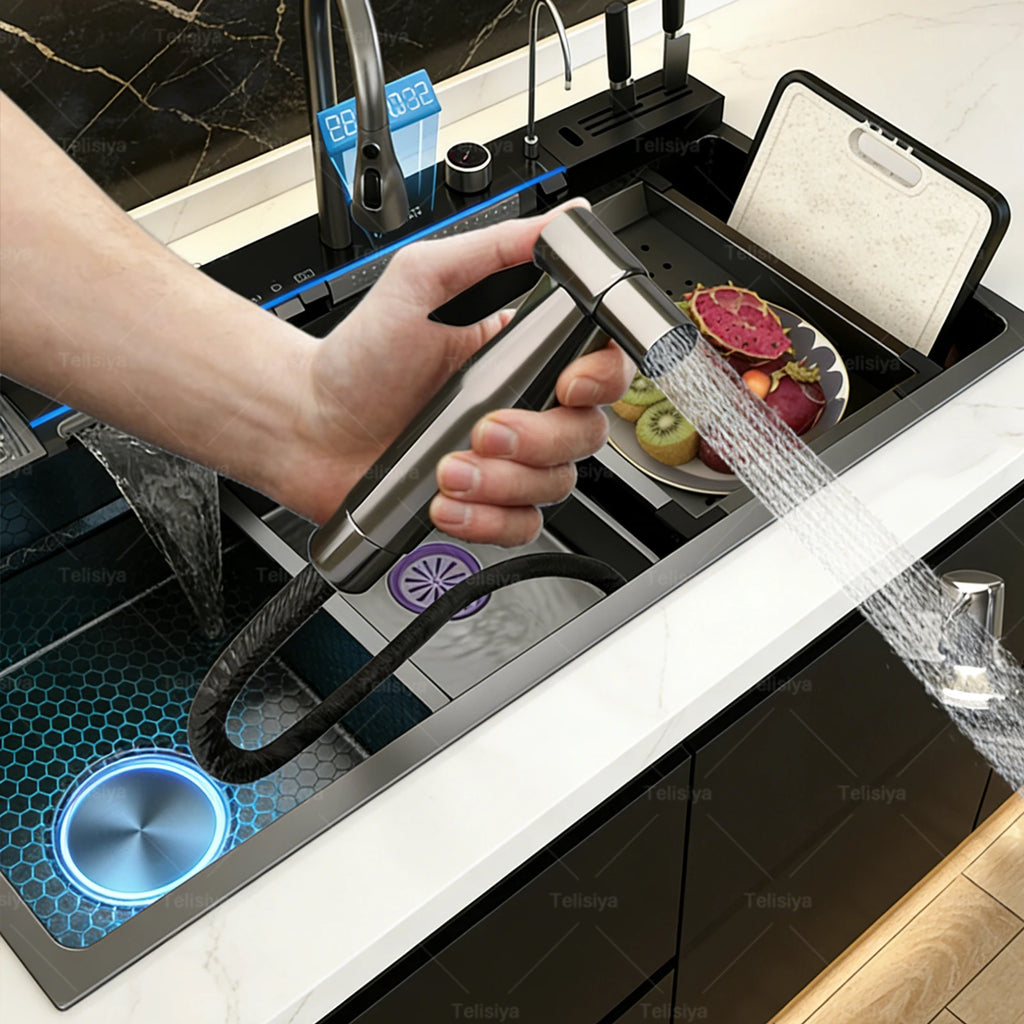 Stainless Steel Kitchen Sink Multifunctional Digital Display Waterfall Large Single Slot Ships from the U.S.