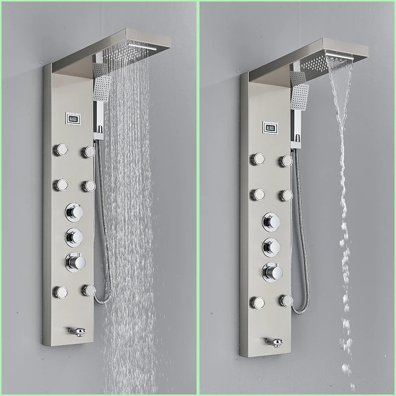 Thermostatic Shower Panel Digital Display Bathroom Shower Faucet Waterfall Rain SPA Massage Jet Column Mixer Tap with Handshower