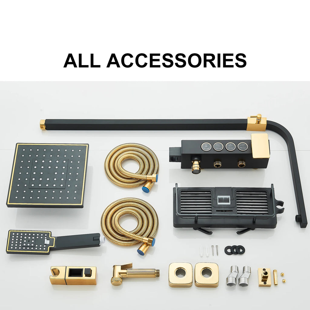 Black Gold Rainfall Shower Faucet Set Brass 4-Ways Liftable Shower Hot Cold Mixed Water Bathtub Mixer System Shower Crane