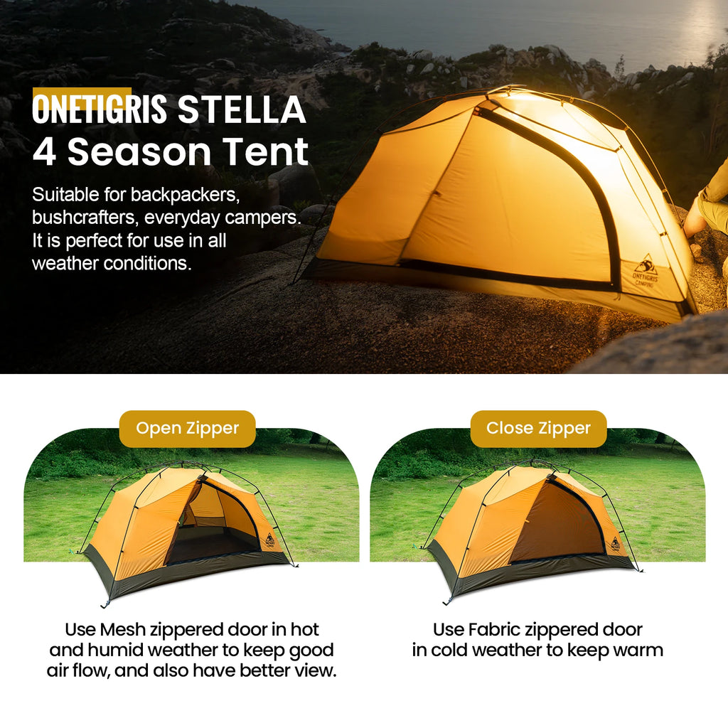 OneTigris Stella Camping Tent 4 Season 2 Person Tourist Tents Lightweight Double Layer 3000mm Waterproof Outdoor Hiking Beach