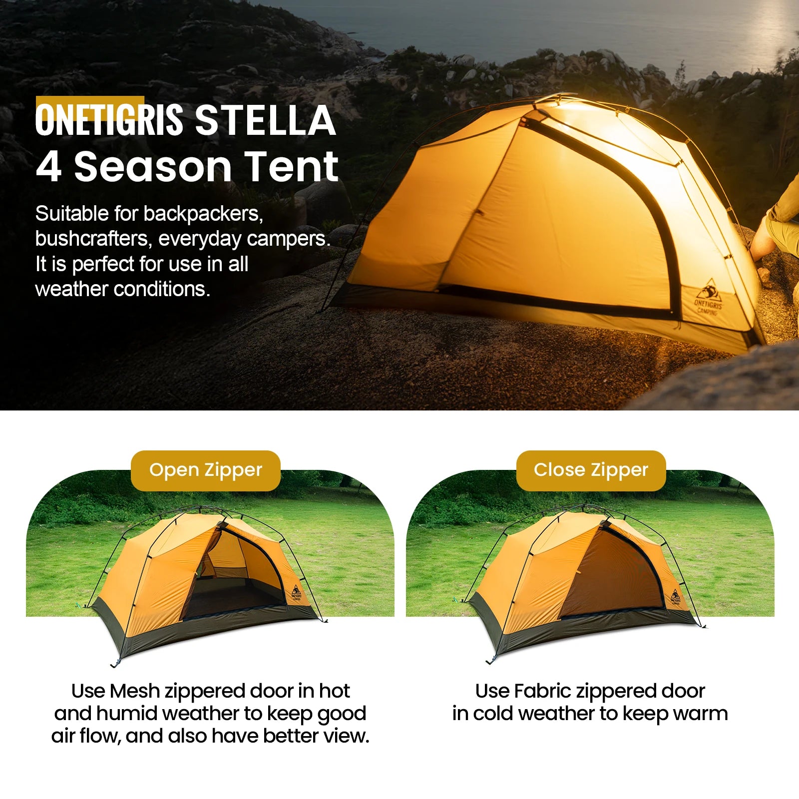 OneTigris Stella Camping Tent 4 Season 2 Person Tourist Tents Lightweight Double Layer 3000mm Waterproof Outdoor Hiking Beach