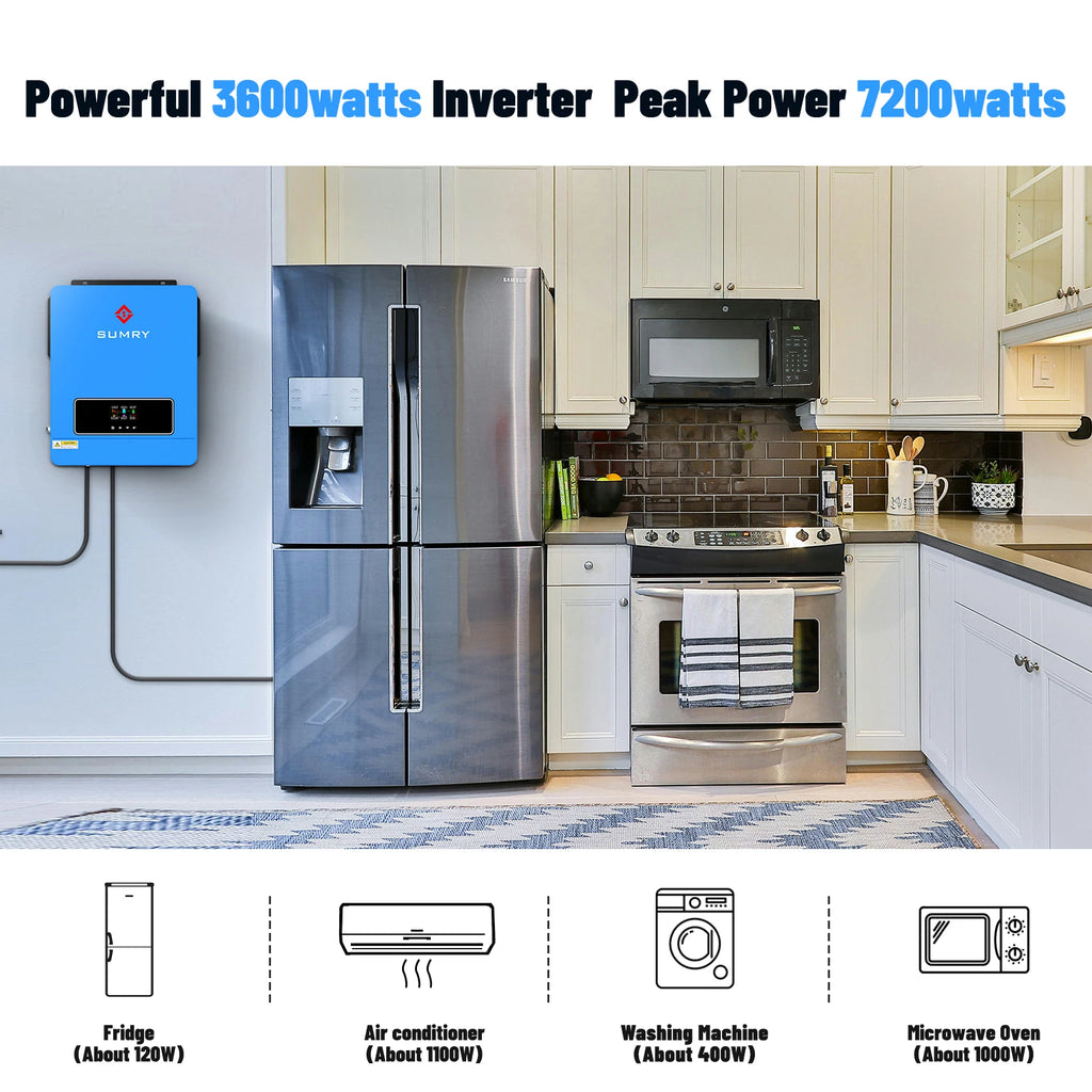 SUMRY 3600w Hybrid Pure Sine Wave Inverter 24v Dual Output 120v on/off Grid Solar Inverter 50/60hz Short-circuit Protection