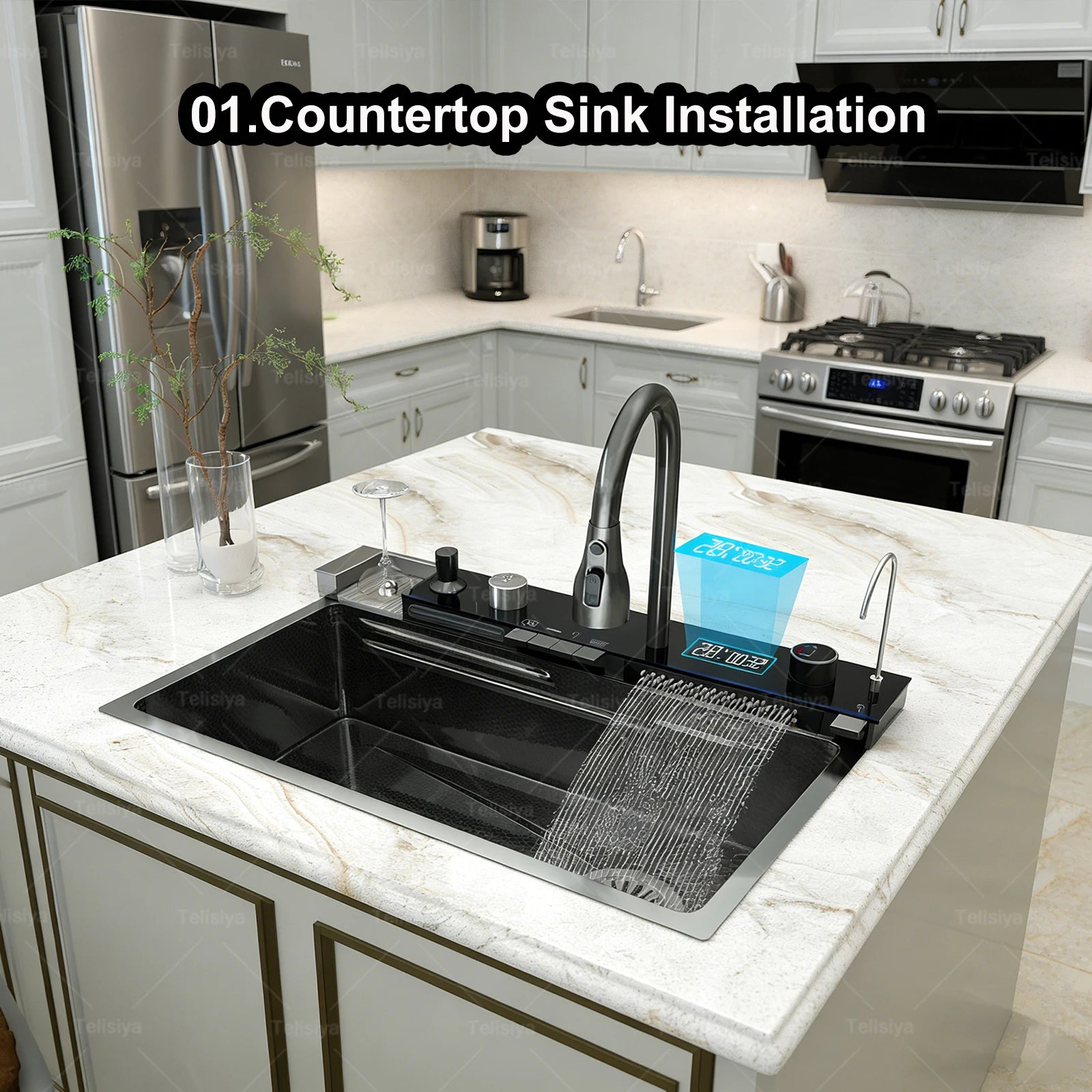 Stainless Steel Kitchen Sink Multifunctional Digital Display Waterfall Large Single Slot Ships from the U.S.