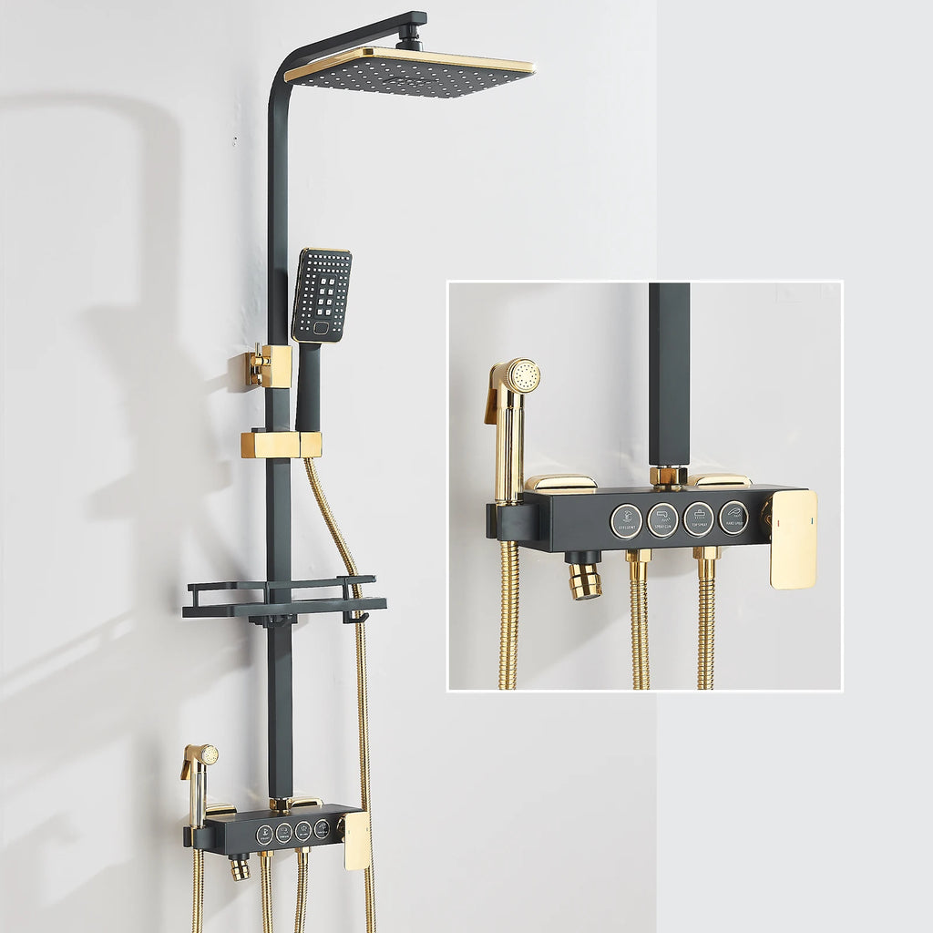 Black Gold Rainfall Shower Faucet Set Brass 4-Ways Liftable Shower Hot Cold Mixed Water Bathtub Mixer System Shower Crane