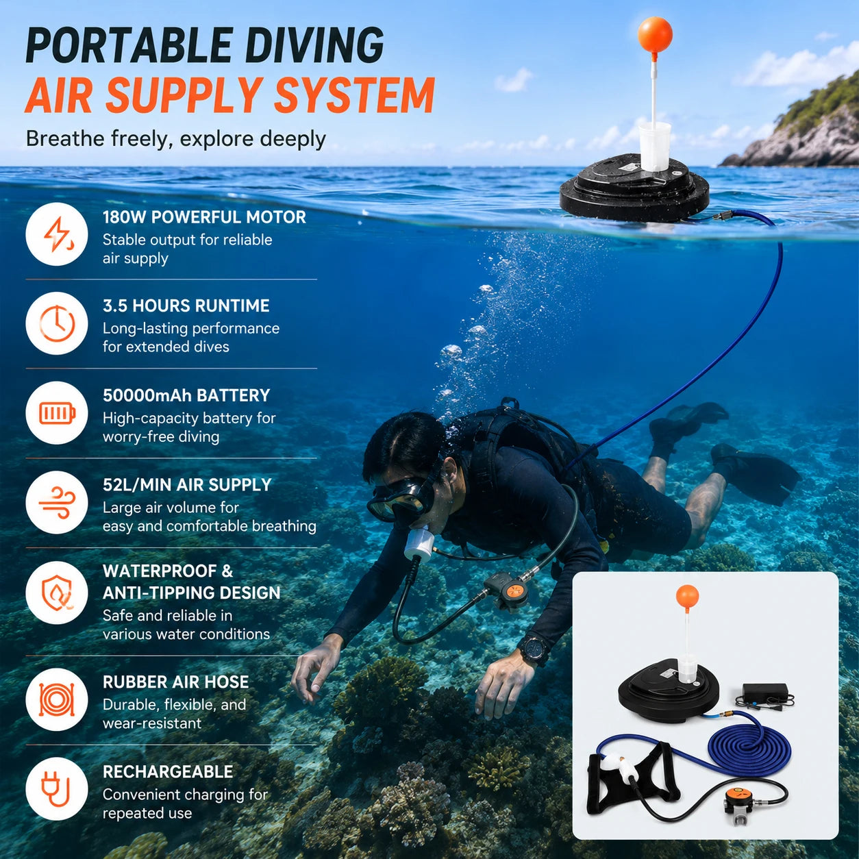 LY Rechargeable Portable Tankless Waterproof Snorkeling Equipment Scuba Diving Ventilator Underwater 3.5Hours Working 12m Depth