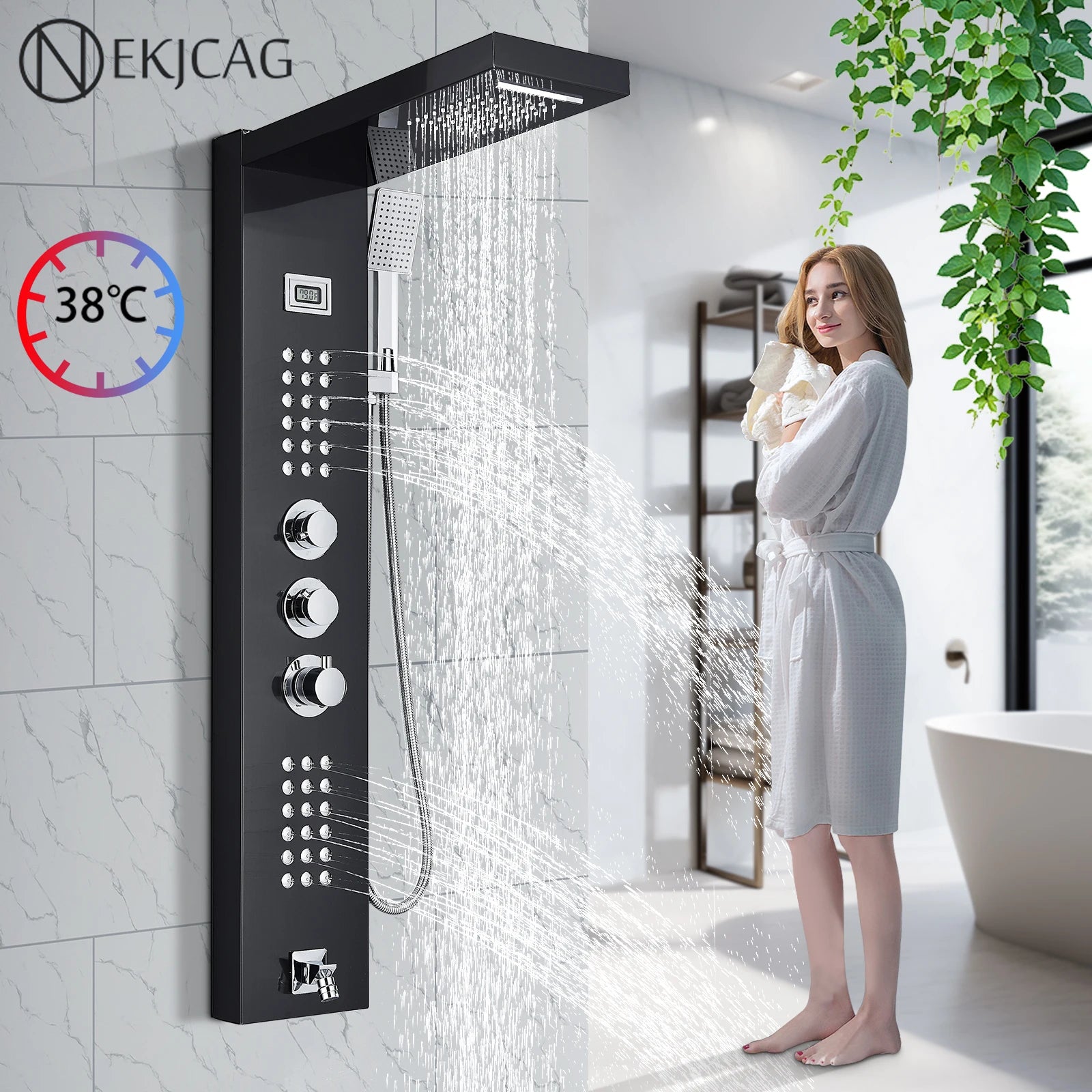 Thermostatic Shower Panel Digital Display Bathroom Shower Faucet Waterfall Rain SPA Massage Jet Column Mixer Tap with Handshower
