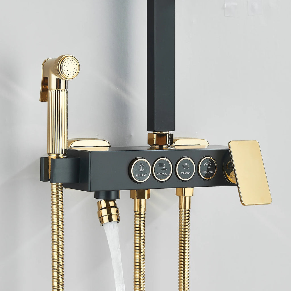 Black Gold Rainfall Shower Faucet Set Brass 4-Ways Liftable Shower Hot Cold Mixed Water Bathtub Mixer System Shower Crane