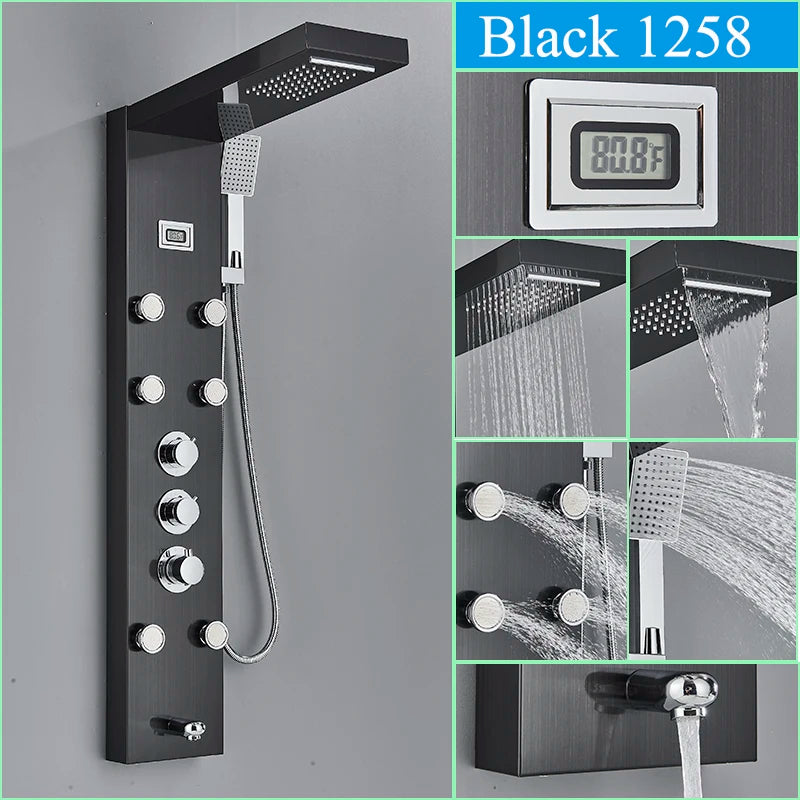 Thermostatic Shower Panel Digital Display Bathroom Shower Faucet Waterfall Rain SPA Massage Jet Column Mixer Tap with Handshower