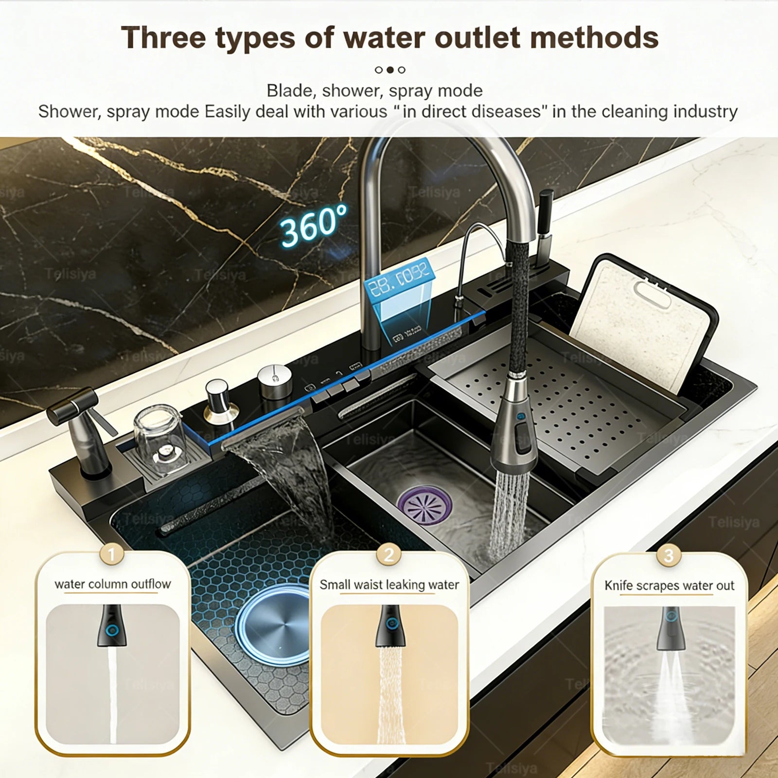 Stainless Steel Kitchen Sink Multifunctional Digital Display Waterfall Large Single Slot Ships from the U.S.
