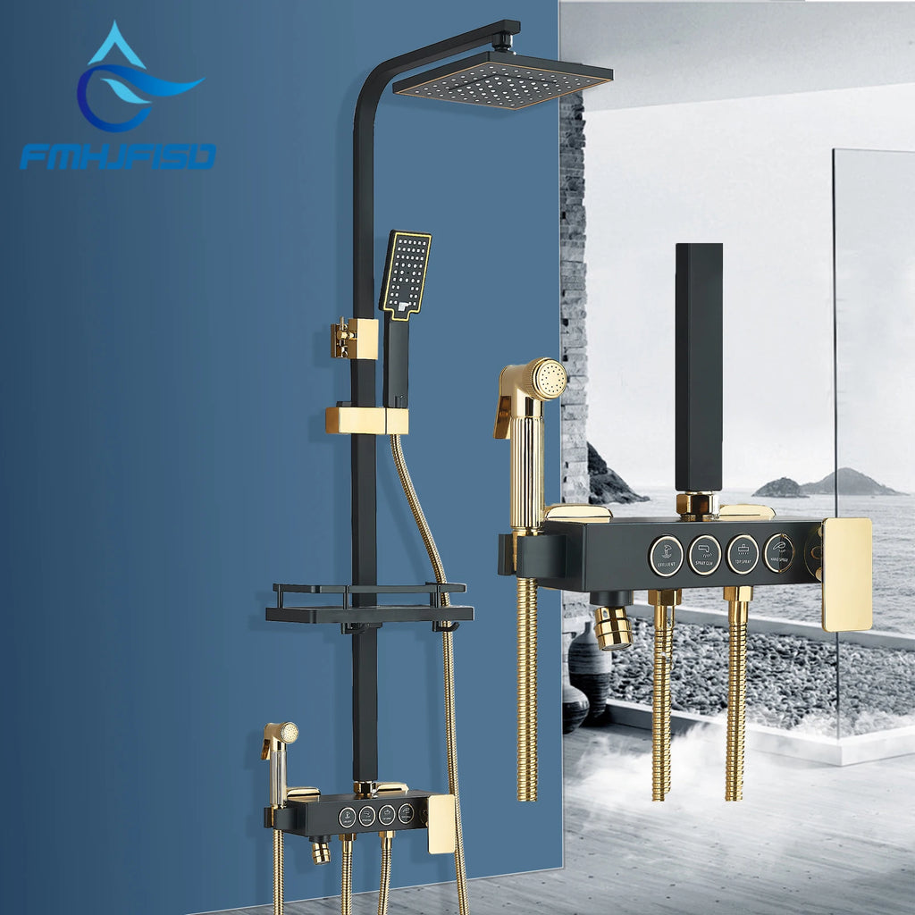 Black Gold Rainfall Shower Faucet Set Brass 4-Ways Liftable Shower Hot Cold Mixed Water Bathtub Mixer System Shower Crane