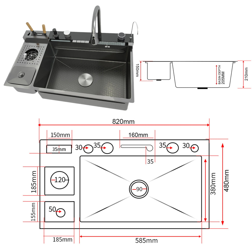 Stainless Steel Kitchen Sink Multifunctional Digital Display Waterfall Large Single Slot Ships from the U.S.