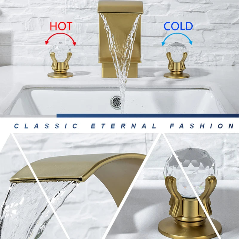 Golden Basin Faucet Deck Mount Widespread Brass Bathroom Basin Mixer Tap Dual Handle Cold and Hot Water Crane Vessel Sink Taps
