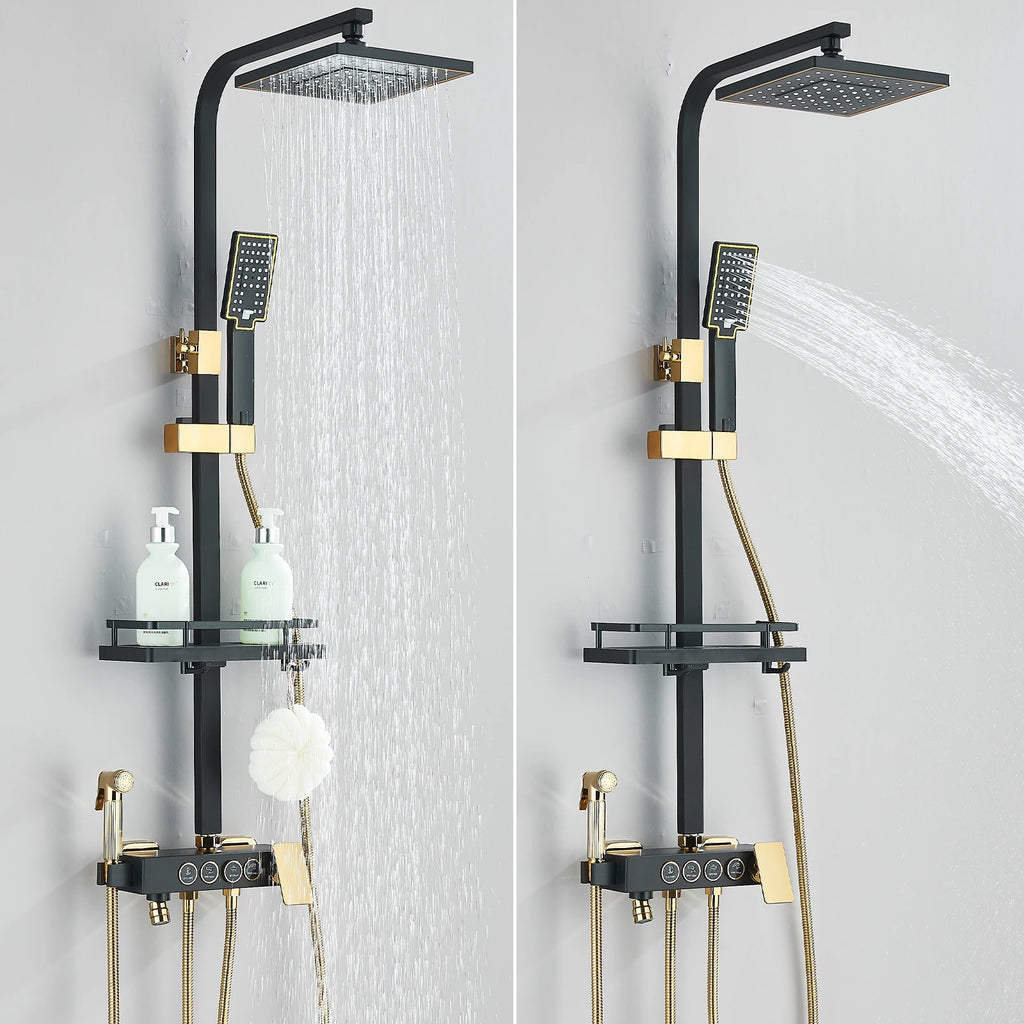 Black Gold Rainfall Shower Faucet Set Brass 4-Ways Liftable Shower Hot Cold Mixed Water Bathtub Mixer System Shower Crane
