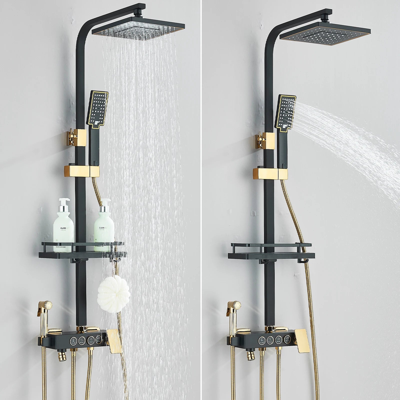 Black Gold Rainfall Shower Faucet Set Brass 4-Ways Liftable Shower Hot Cold Mixed Water Bathtub Mixer System Shower Crane