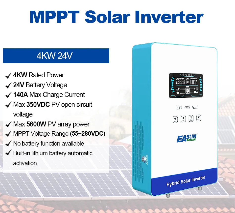 EASUN POWER hybrid Soalr Inverter 4KW MPPT 140A 350VDC PV Input 110VAC 24VDC 4000W Pure Sine Wave 6.25 Inch LCD Display Household with WIFI/without WIFI US warehouse