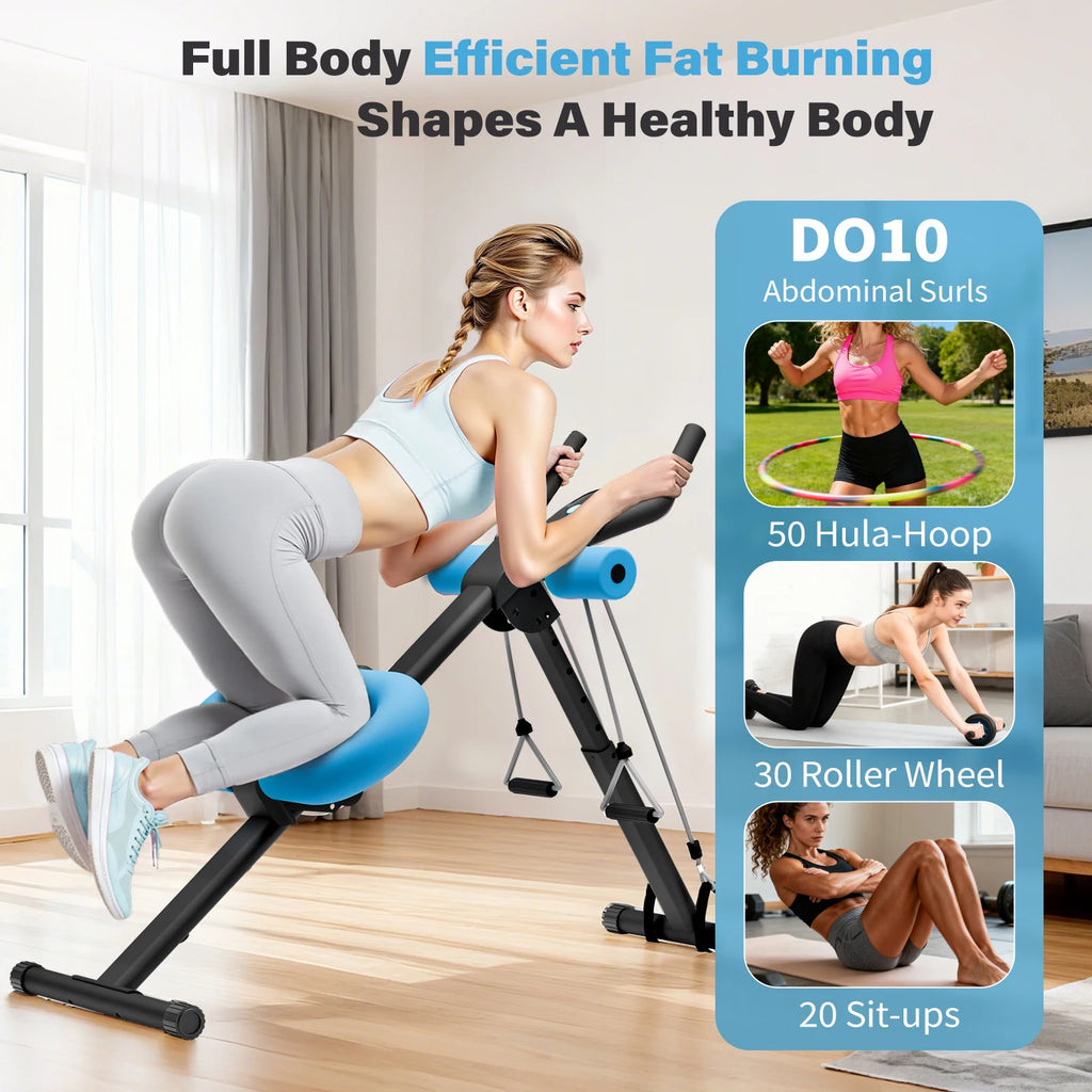 Abdominal Crunch Machine AB Workout Trainers Foldable Full Body Fitness Equipment with Knee & Back Resistance Bands For Home Gym