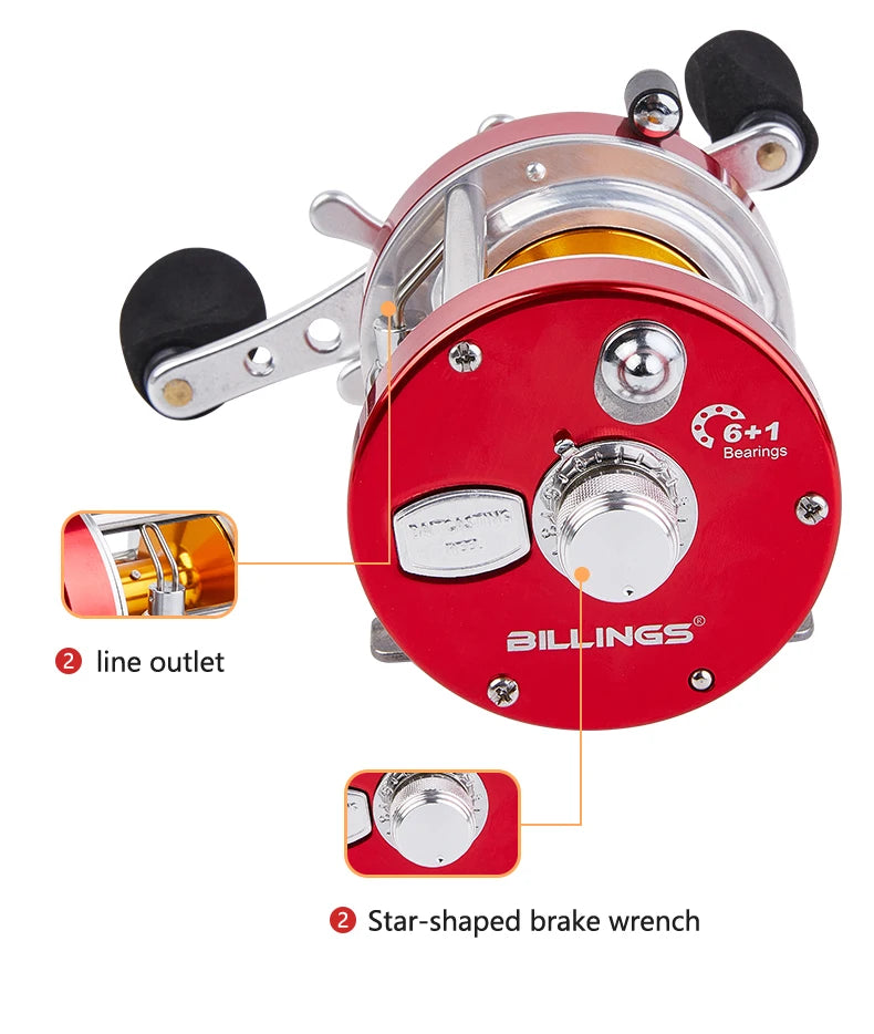 BILLINGS Trolling Drum Fishing Reels 20LB Max Drag  6+1BB 4.2:1/5.2:1 Gear Ratio CNC Aluminum Spool Smooth Right Hand Baitcaster Reel for Freshwater Saltwater