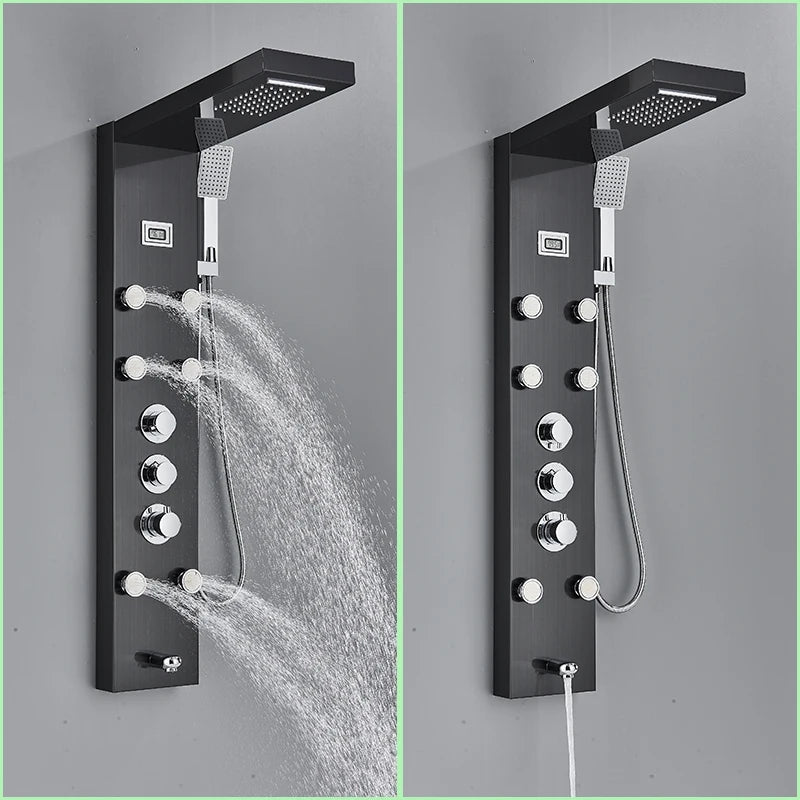 Thermostatic Shower Panel Digital Display Bathroom Shower Faucet Waterfall Rain SPA Massage Jet Column Mixer Tap with Handshower