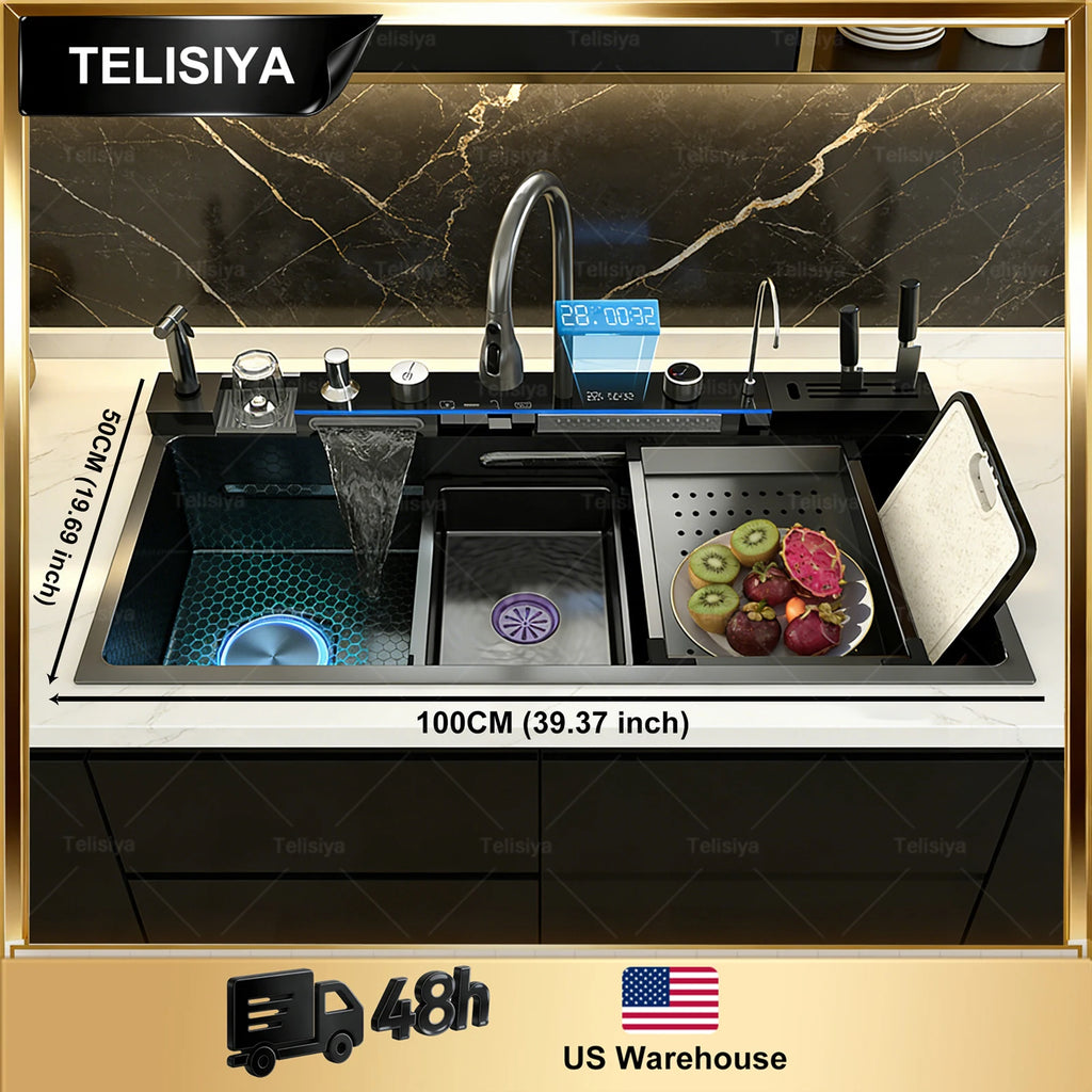 Stainless Steel Kitchen Sink Multifunctional Digital Display Waterfall Large Single Slot Ships from the U.S.