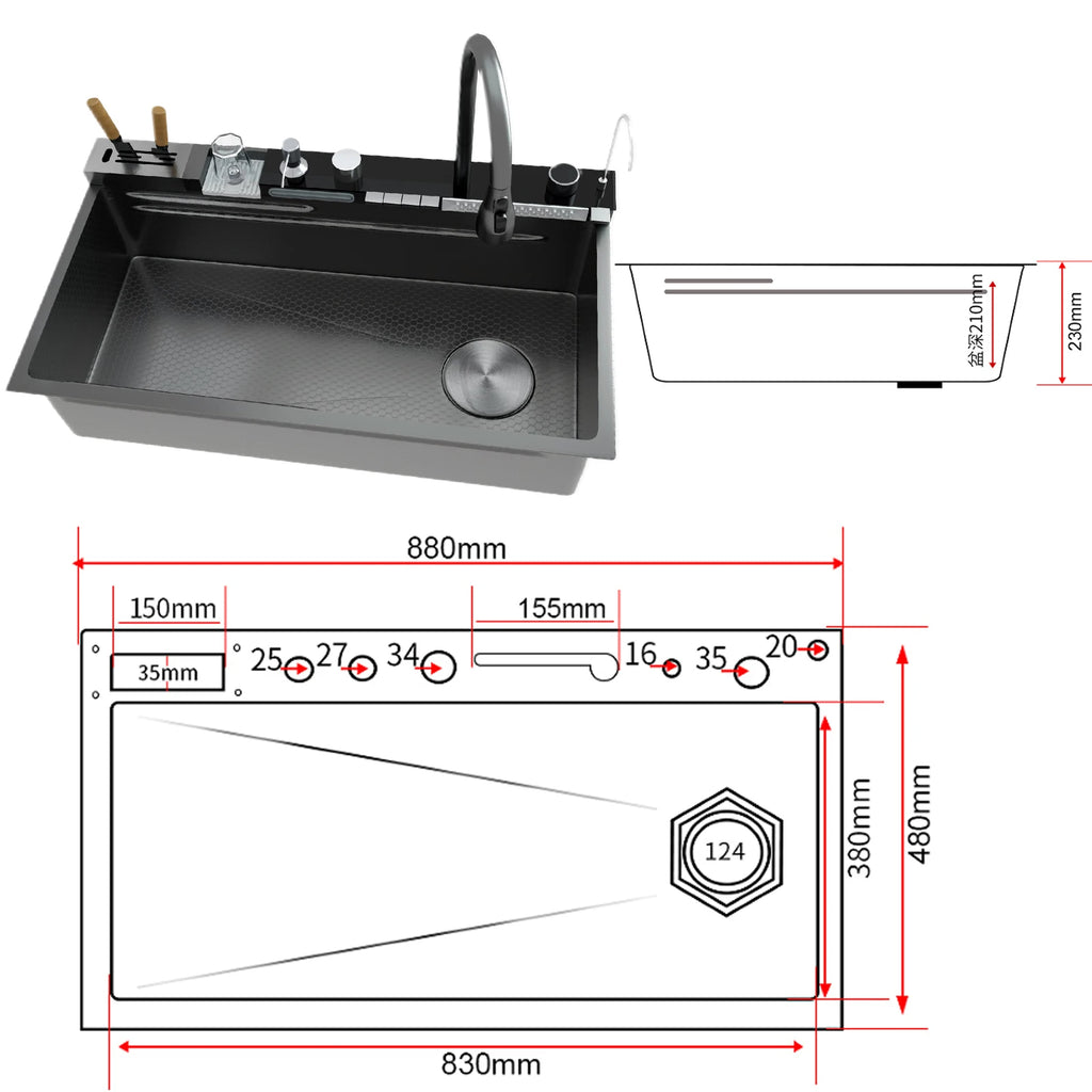Stainless Steel Kitchen Sink Multifunctional Digital Display Waterfall Large Single Slot Ships from the U.S.