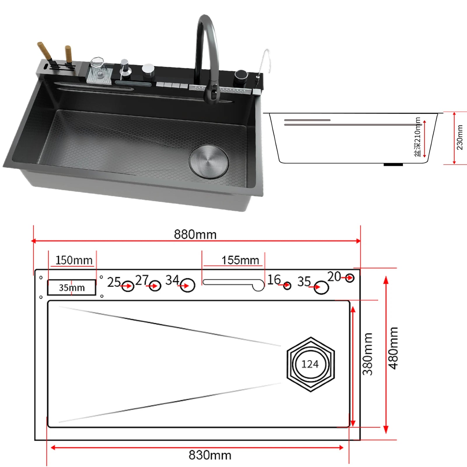 Stainless Steel Kitchen Sink Multifunctional Digital Display Waterfall Large Single Slot Ships from the U.S.