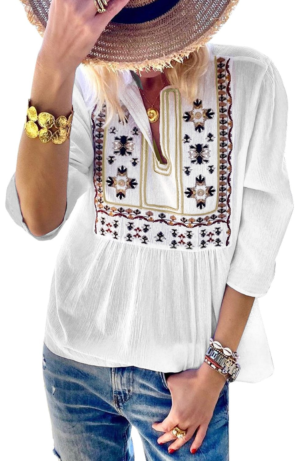 3/4 Sleeves Embroidered Pattern Pleated Blouse