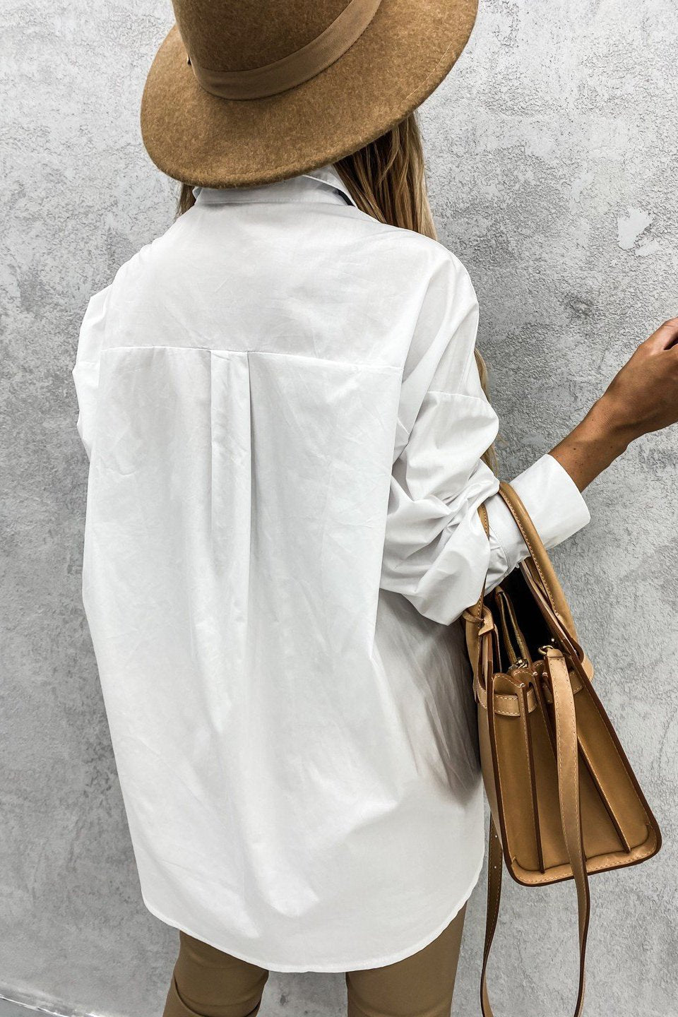 Curved Hem Dropped Sleeve Button Closure Basic Blouse
