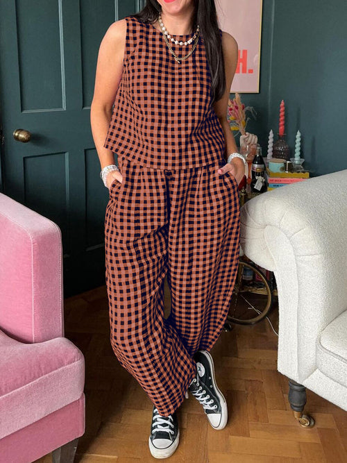 Women's 2 pc. Lovely Plaid Round Sleeveless Jumpsuit