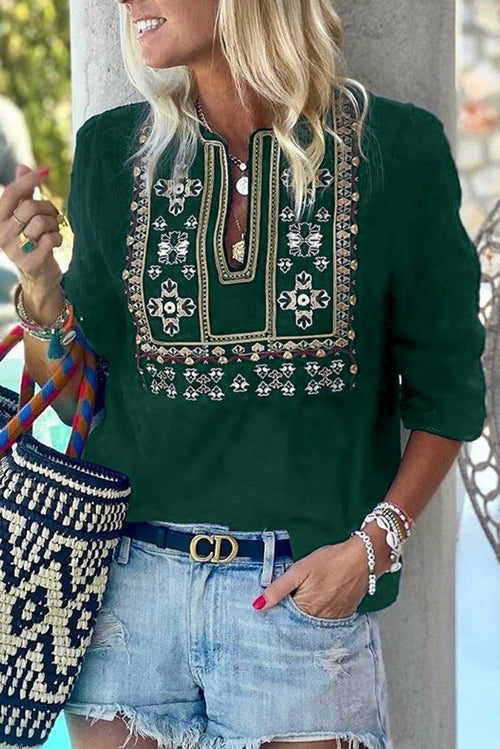 3/4 Sleeves Embroidered Pattern Pleated Blouse