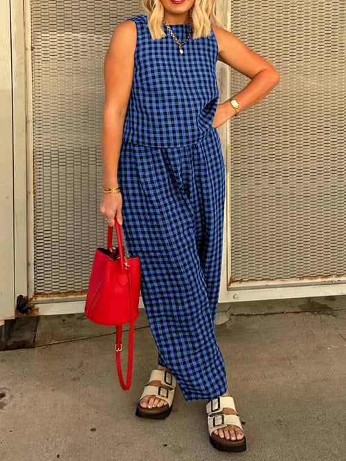 Women's 2 pc. Lovely Plaid Round Sleeveless Jumpsuit