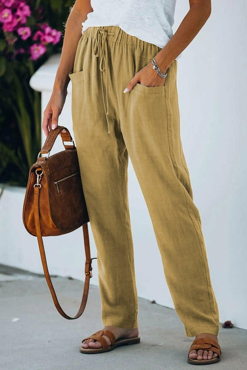 Khaki Casual Drawstring Elastic Waist Pants with Pockets