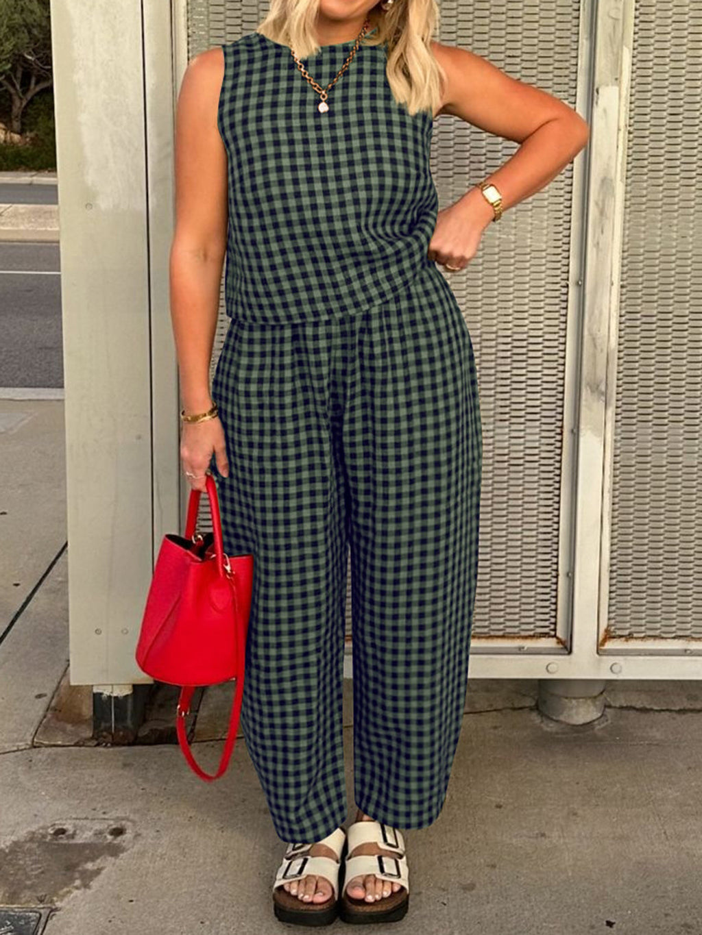Women's 2 pc. Lovely Plaid Round Sleeveless Jumpsuit