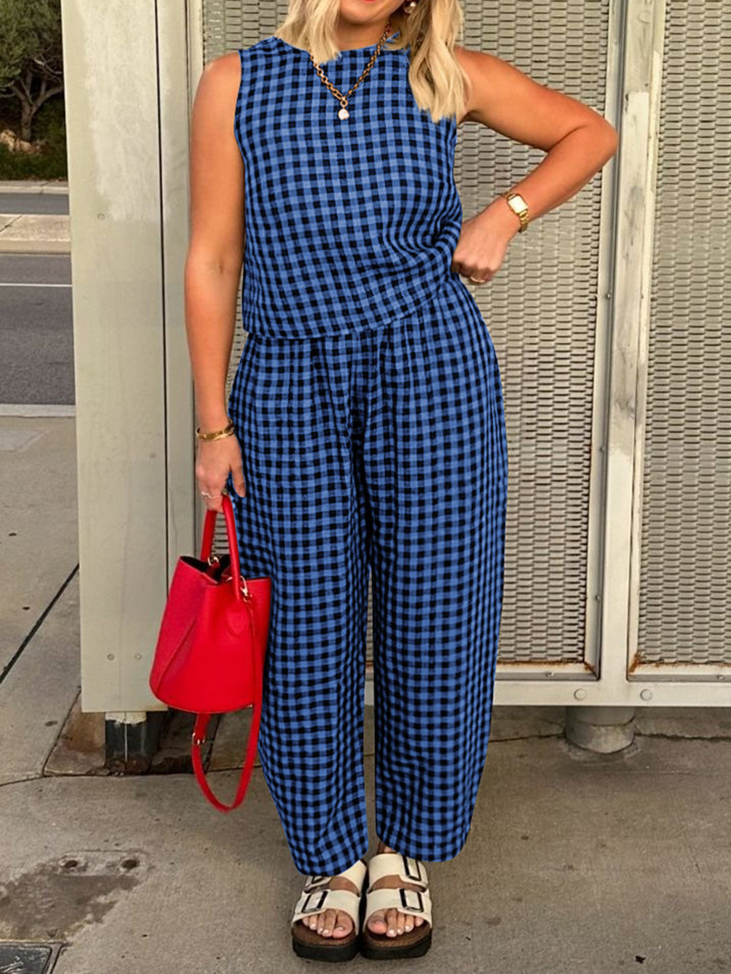 Women's 2 pc. Lovely Plaid Round Sleeveless Jumpsuit