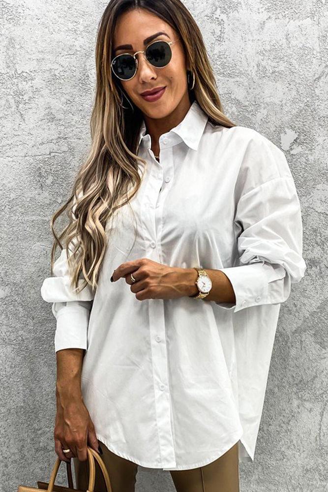 Curved Hem Dropped Sleeve Button Closure Basic Blouse