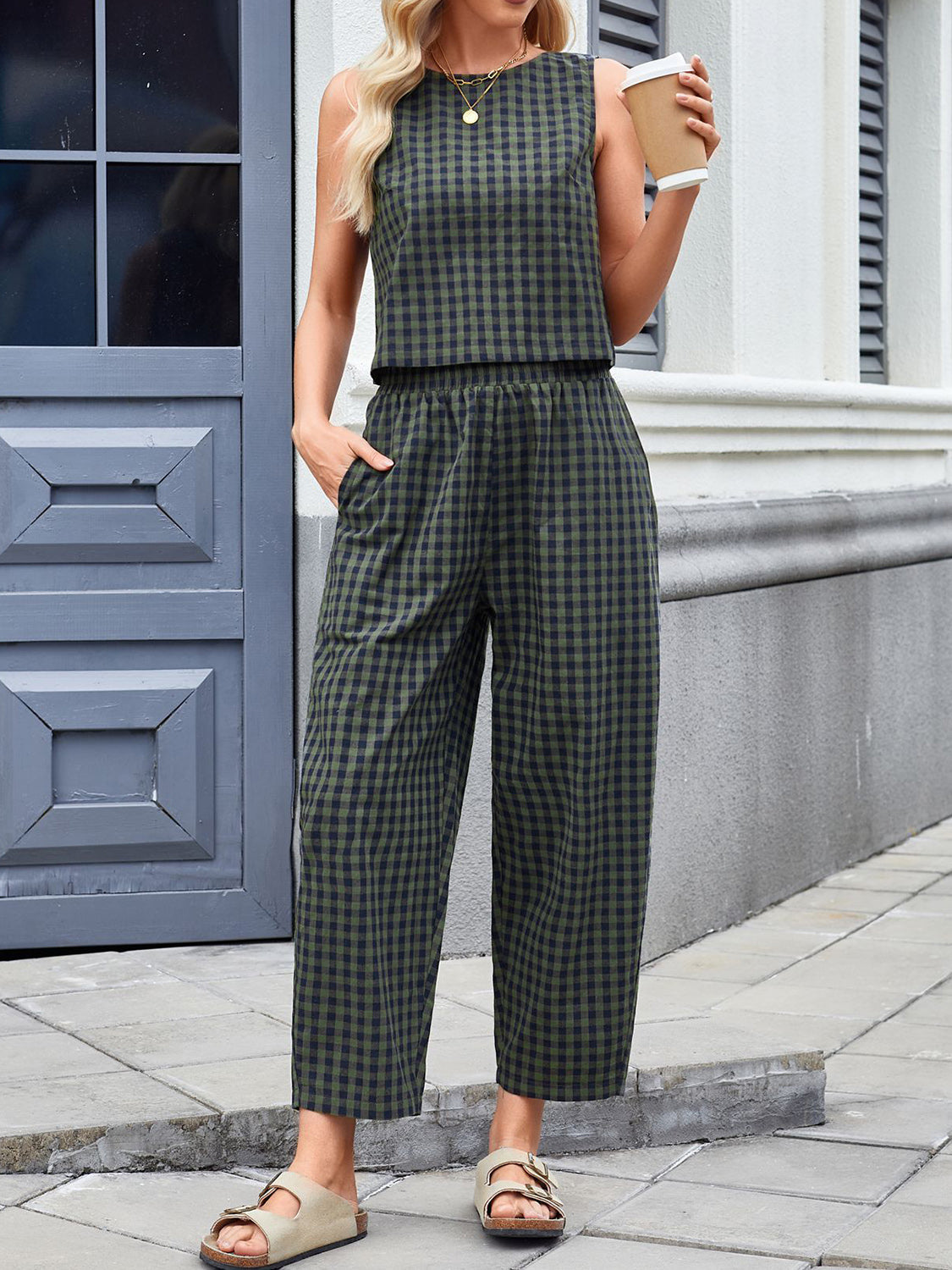 Women's 2 pc. Lovely Plaid Round Sleeveless Jumpsuit