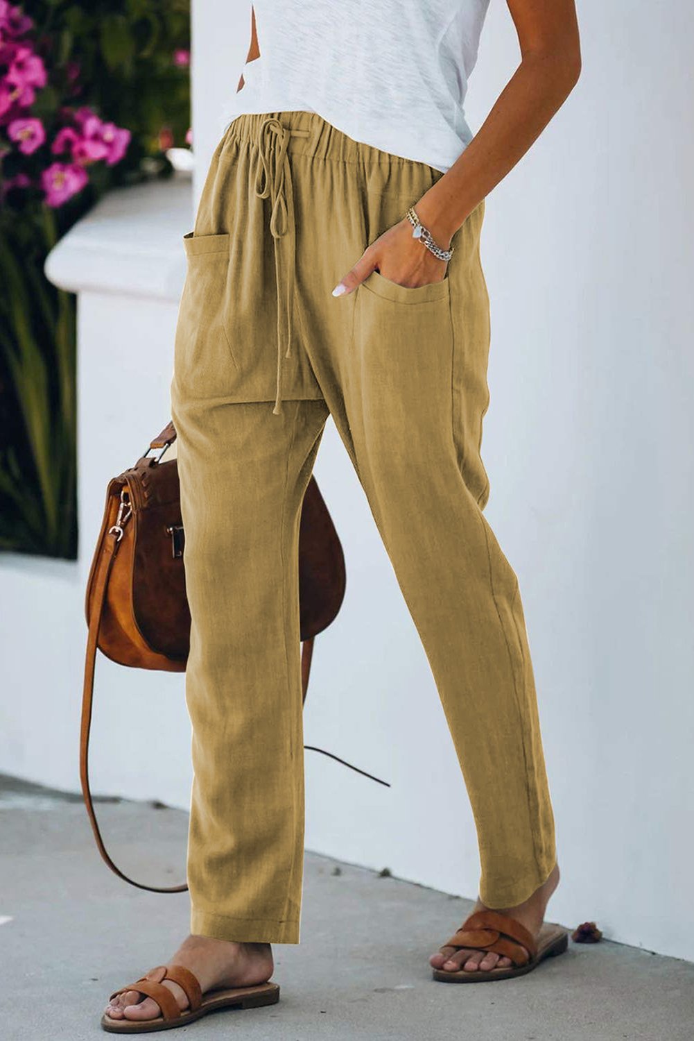 Khaki Casual Drawstring Elastic Waist Pants with Pockets