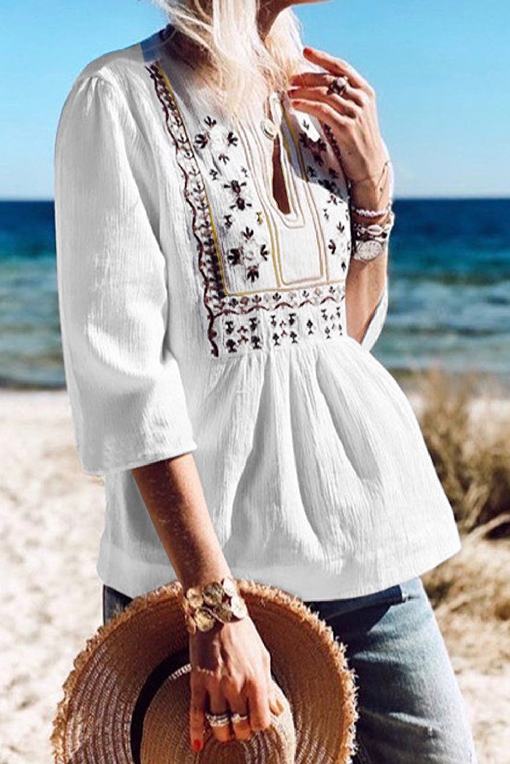 3/4 Sleeves Embroidered Pattern Pleated Blouse