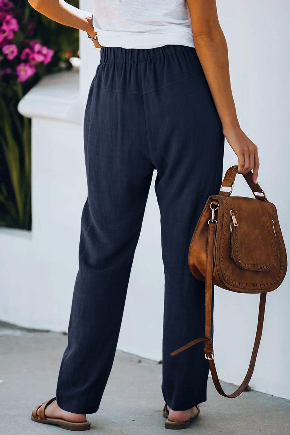 Khaki Casual Drawstring Elastic Waist Pants with Pockets