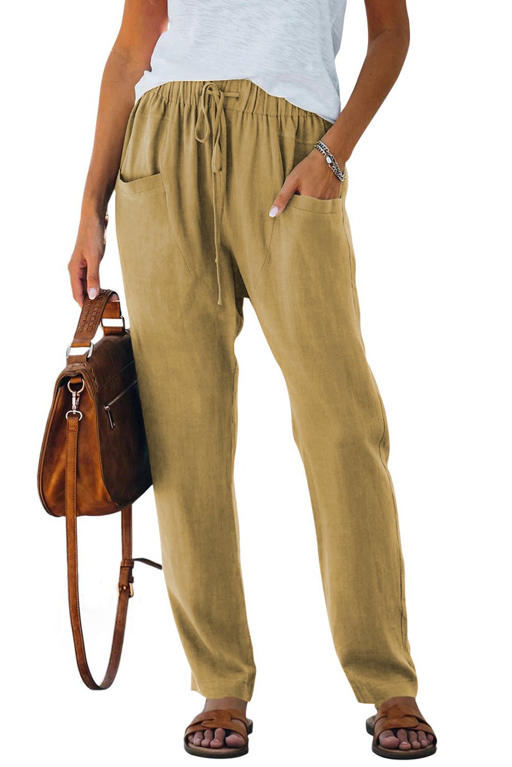 Khaki Casual Drawstring Elastic Waist Pants with Pockets