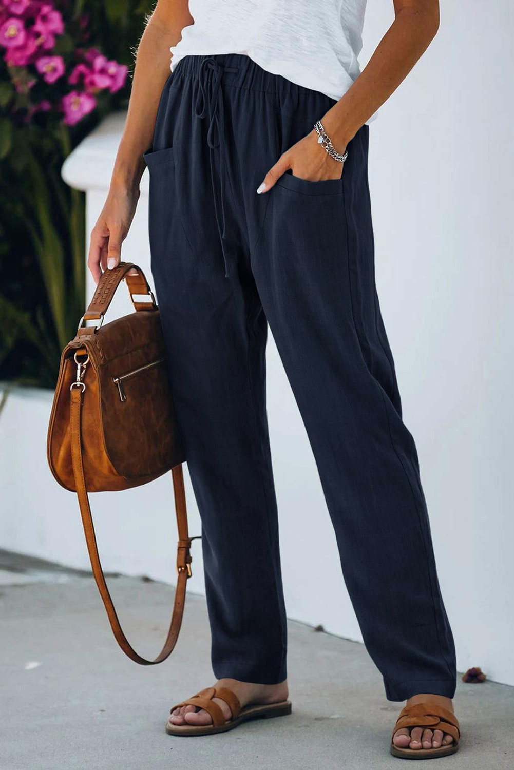 Khaki Casual Drawstring Elastic Waist Pants with Pockets
