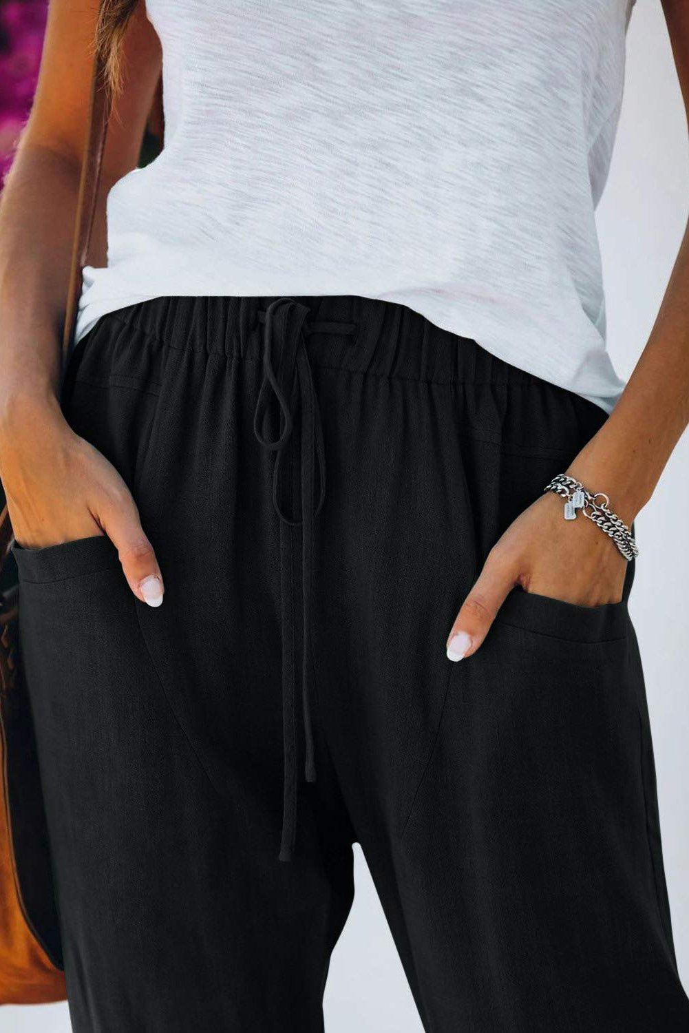Khaki Casual Drawstring Elastic Waist Pants with Pockets