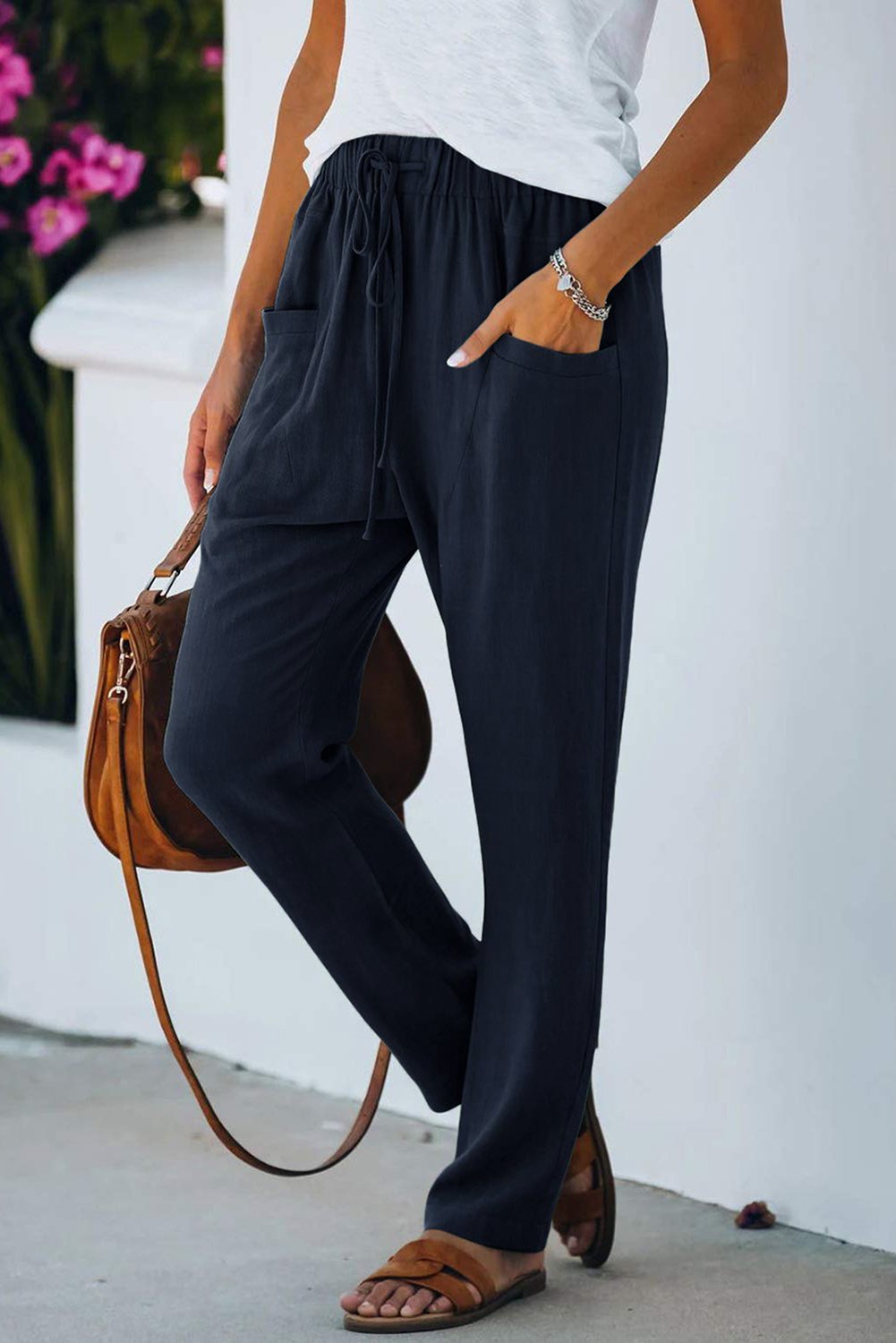 Khaki Casual Drawstring Elastic Waist Pants with Pockets